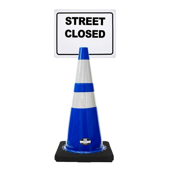 RK-Safety 28" Blue Cone, Black base With Two Reflective Tape, Plus Cone Sign 13 Street Closed, (Cone-8 ea + Cone Sign-8 ea)