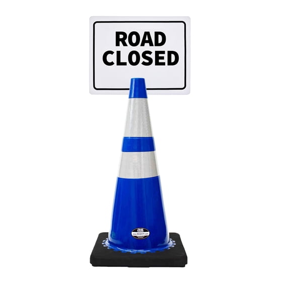 RK-Safety 28" Blue Cone, Black base With Two Reflective Tape, Plus Cone Sign 14 “Road Closed”, (Cone-4 ea + Cone Sign-4 ea)