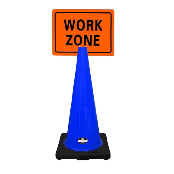 RK-Safety 28" Blue Cone, Black base without Reflective Tape, Plus Cone Sign 35 "Work Zone", (Cone-2 ea + Cone Sign-2 ea)