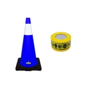 RK-Safety 28" Blue Traffic Safety Cone, Black Base One Tape with High-Visibility Pandemic Barricade Tape 8 cone + 2 Roll Tape