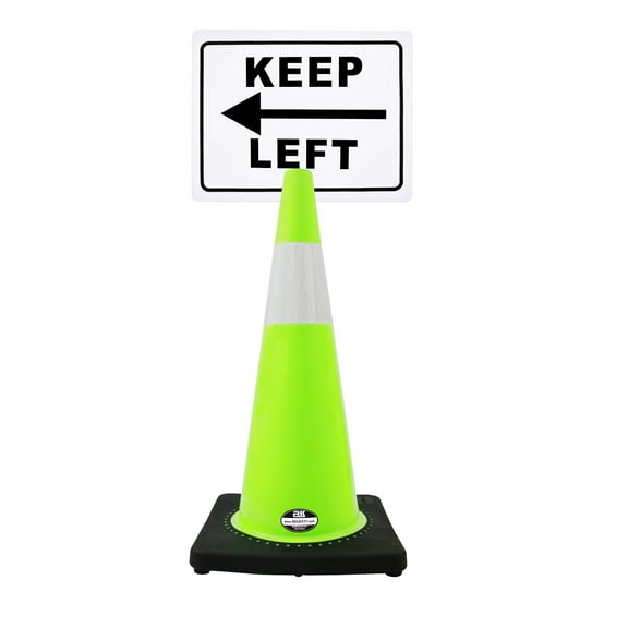 RK-Safety 28" Lime Cone, Black base With One 6" Reflective Tape, Plus Cone Sign 12 “Keep Left”, (Cone-4 ea + Cone Sign-4 ea)