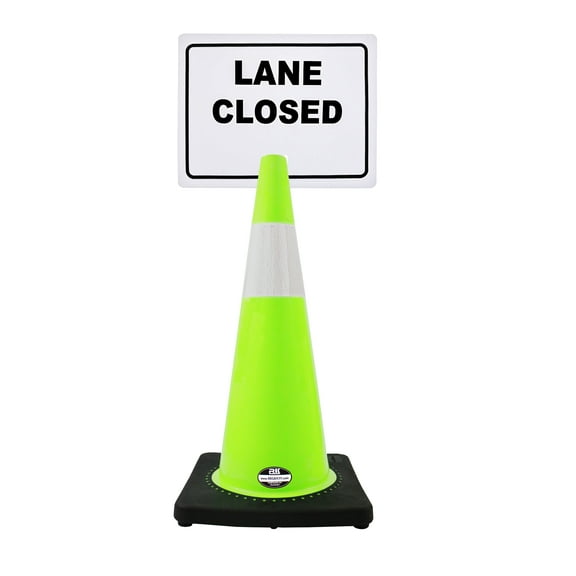 RK-Safety 28" Lime Cone, Black base With One 6" Reflective Tape, Plus Cone Sign 15 "Lane Closed" , (Cone-8 ea + Cone Sign-8 ea)
