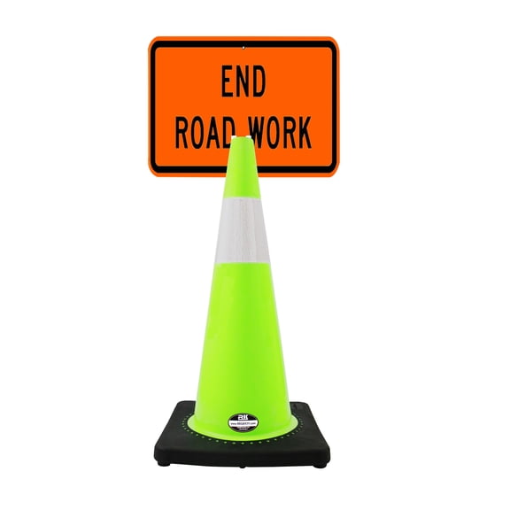 RK-Safety 28" Lime Cone, Black base With One 6" Reflective Tape, Plus Cone Sign 36 "End Road Work", (Cone-2 ea + Cone Sign-2 ea)