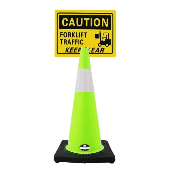 RK-Safety 28" Lime Cone, Black base With One 6" Reflective Tape, Plus Cone Sign 38 "Caution Forklift Traffic Keep Clear", (Cone-4 ea + Cone Sign-4 ea)