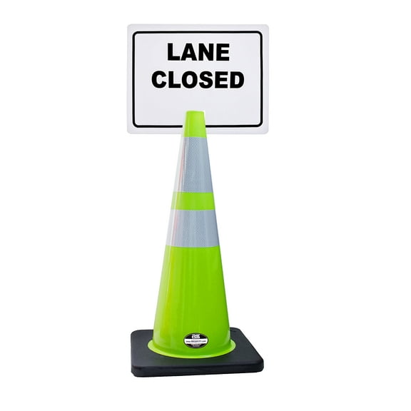 RK-Safety 28" Lime Cone, Black base With Two Reflective Tape, Plus Cone Sign 15 "Lane Closed", (Cone-2 ea + Cone Sign-2 ea)