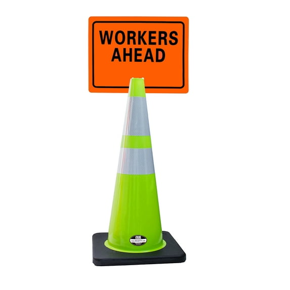 RK-Safety 28" Lime Cone, Black base With Two Reflective Tape, Plus Cone Sign 26 "Workers Ahead", (Cone-4 ea + Cone Sign-4 ea)