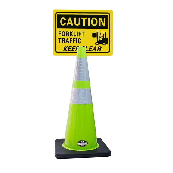 RK-Safety 28" Lime Cone, Black base With Two Reflective Tape, Plus Cone Sign 38 "Caution Forklift Traffic Keep Clear", (Cone-8 ea + Cone Sign-8 ea)
