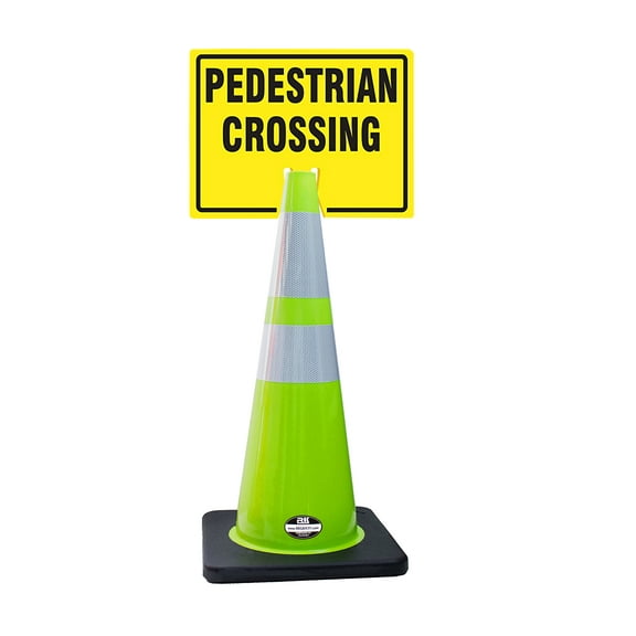 RK-Safety 28" Lime Cone, Black base With Two Reflective Tape, Plus Cone Sign 39 "pedestrian Crossing", (Cone-4 ea + Cone Sign-4 ea)