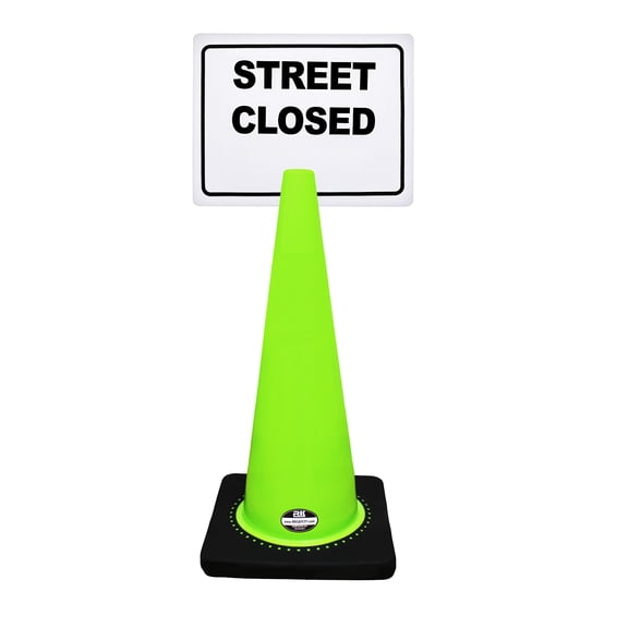 RK-Safety 28" Lime Cone, Black base without Reflective Tape, Plus Cone Sign 13 Street Closed, (Cone-2 ea + Cone Sign-2 ea)