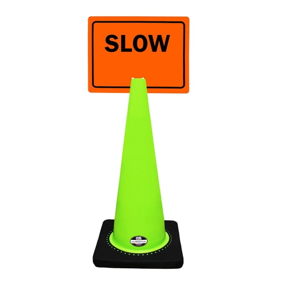 RK-Safety 28" Lime Cone, Black base without Reflective Tape, Plus Cone Sign 31 "Slow", (Cone-8 ea + Cone Sign-8 ea)