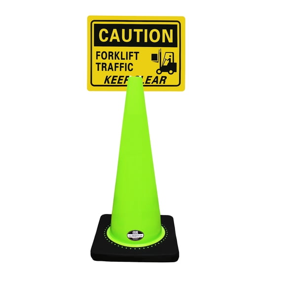 RK-Safety 28" Lime Cone, Black base without Reflective Tape, Plus Cone Sign 38 "Caution Forklift Traffic Keep Clear", (Cone-8 ea + Cone Sign-8 ea)