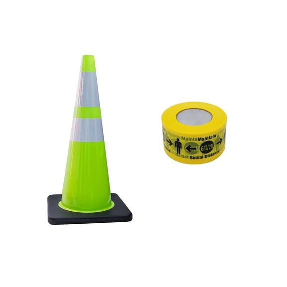 RK-Safety 28" Lime Traffic Safety Cone, Black Base Two Tape with High-Visibility Pandemic Barricade Tape (16 cone + 2 Roll Tape )