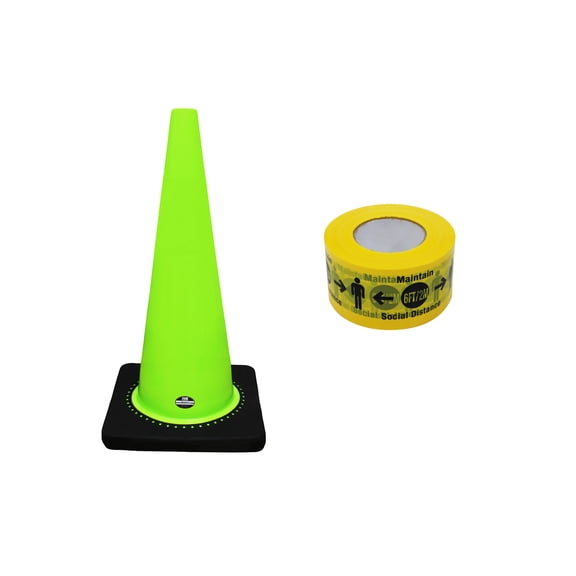 RK-Safety 28" Lime Traffic Safety Cone, Black Base with High-Visibility Pandemic Barricade Tape (16 cone + 2 Roll Tape )