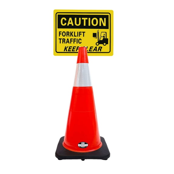 RK-Safety 28" Orange Cone, Black base With One 6" Reflective Tape, Plus Cone Sign 38 "Caution Forklift Traffic Keep Clear", (Cone-2 ea + Cone Sign-2 ea)
