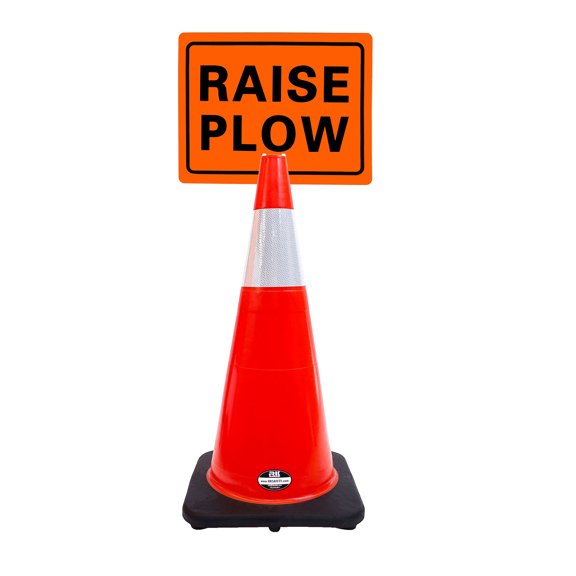 RK-Safety 28" Orange Cone, Black base With One 6" Reflective Tape, Plus Cone Sign 34 "Raise Plow", (Cone-2 ea + Cone Sign-2 ea)