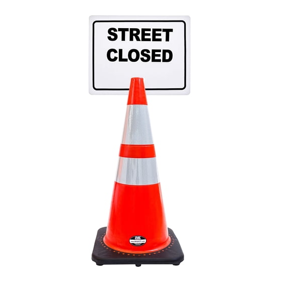 RK-Safety 28" Orange Cone, Black base With Two Reflective Tape, Plus Cone Sign 13 Street Closed, (Cone-4 ea + Cone Sign-4 ea)