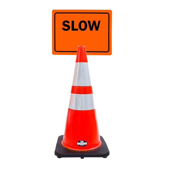RK-Safety 28" Orange Cone, Black base With Two Reflective Tape, Plus Cone Sign 31 "Slow", (Cone-2 ea + Cone Sign-2 ea)