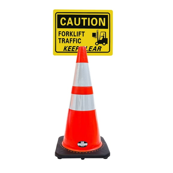 RK-Safety 28" Orange Cone, Black base With Two Reflective Tape, Plus Cone Sign 38 "Caution Forklift Traffic Keep Clear", (Cone-2 ea + Cone Sign-2 ea)