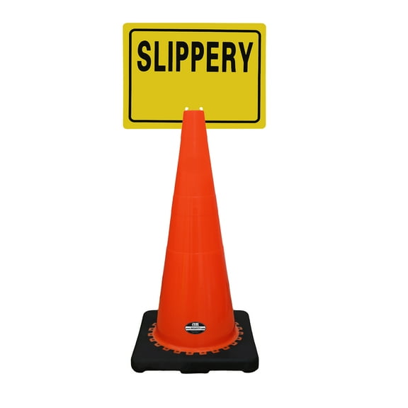 RK-Safety 28" Orange Cone, Black base without Reflective Tape, Plus Cone Sign 37 "Slippery", (Cone-2 ea + Cone Sign-2 ea)