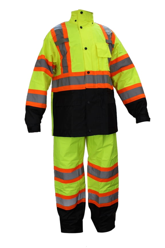 RW-CLA3-TLM55 Class 3 Rain suit, Jacket, Pants High Visibility Reflective Black Bottom with X Pattern(2XL, Lime)