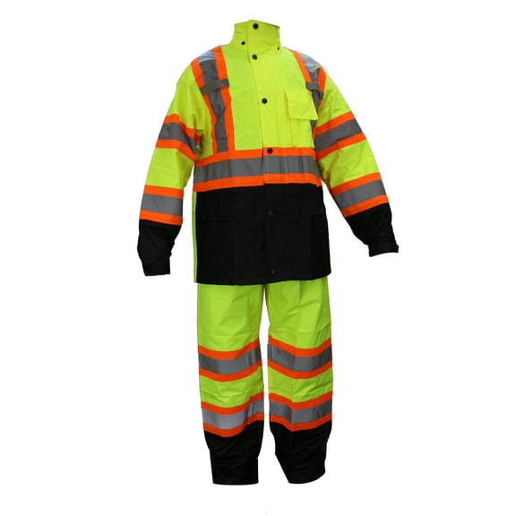 RK Safety RW-CLA3-TLM55 Class 3 Rain suit, Jacket, Pants High Visibility Reflective Black Bottom with X Pattern(4XL, Lime)