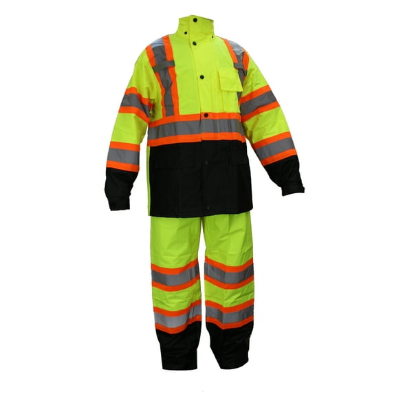 RK Safety RW-CLA3-TLM55 Class 3 Rain suit, Jacket, Pants High Visibility Reflective Black Bottom with X Pattern(Medium, Lime)