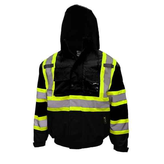 RK Safety WJ9013 Men's ANSI Class 1 Safety Bomber Jacket with Detachable Hood, Reflective Tape, Black, (2XL | 1 EA)
