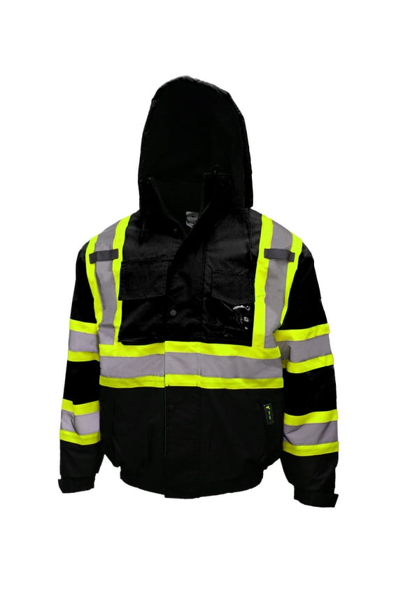 WJ9013 Men's ANSI Class 1 Safety Bomber Jacket with Detachable Hood, Reflective Tape, Black, (Large | 1 EA)