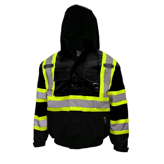 RK Safety WJ9013 Men's ANSI Class 1 Safety Bomber Jacket with Detachable Hood, Reflective Tape, Black, (Medium | 1 EA)
