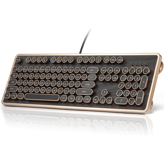 RK104 Retro Mechanical Keyboard, Wired Full-Size 104 Keys with Typewriter Round Keycaps, Wooden Grain, N-Key Rollover, Green Linear Switches, Ideal for Retro Lovers