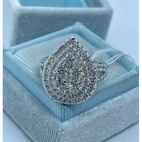 RKC 2.50Ct Simulated Round Wedding Teardrop Shape Cluster Ring 14K White Gold Plated