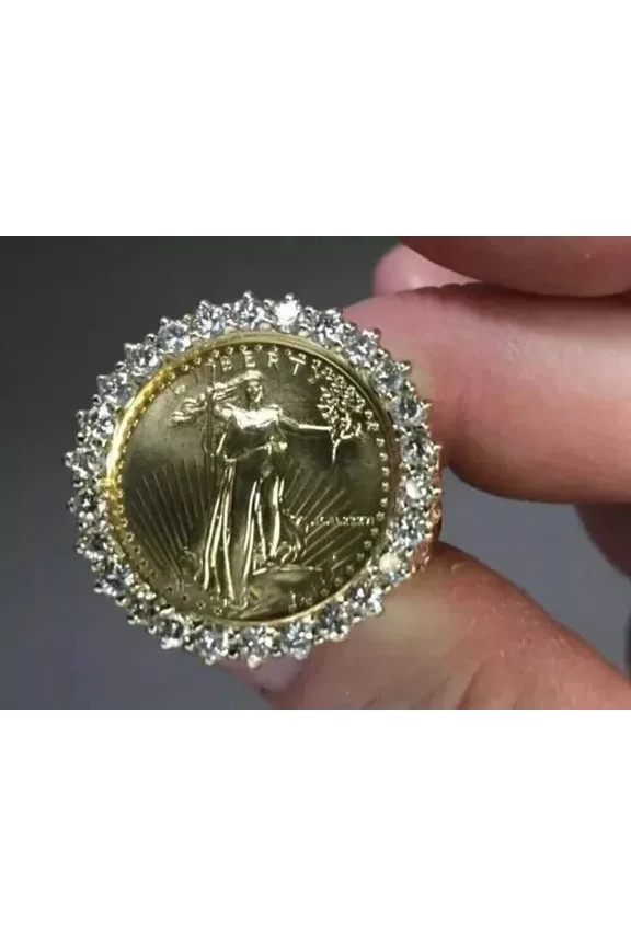 RKC 2Ct Round Lab Created Diamond Lady Liberty Coin Ring in 14k Yellow Gold Plated