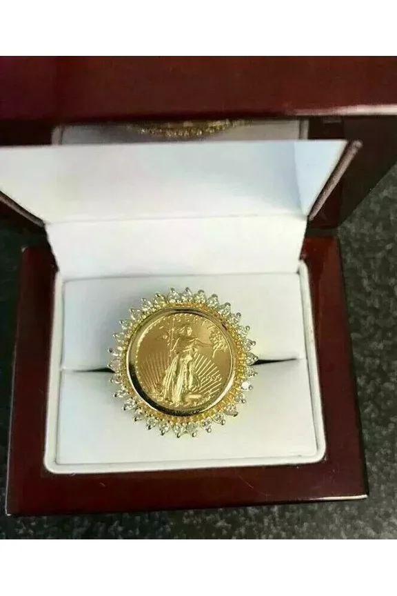 RKC Round Lab-Created Diamond Wedding Lady Liberty Coin Ring 14k Yellow Gold Plated