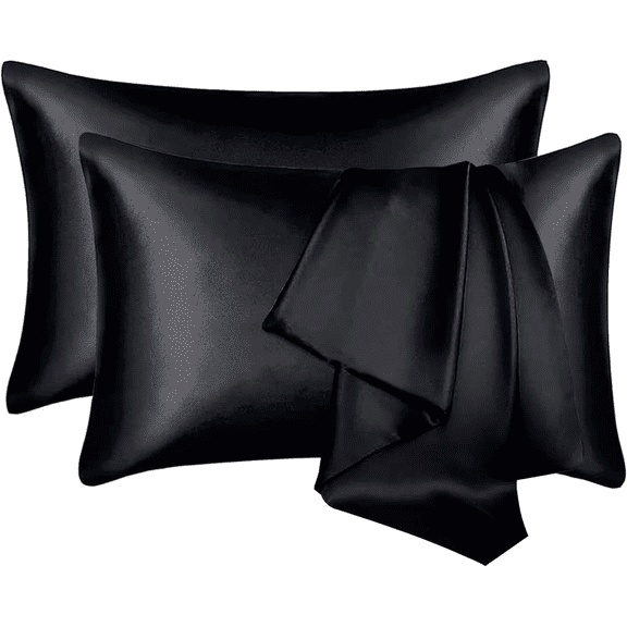 RKINC Satin Pillow Cases 2 Pack, Pillowcase for Hair and Skin Luxury Soft Breathable Standard Size with Envelope Closure, 50 x 75 cm, Black