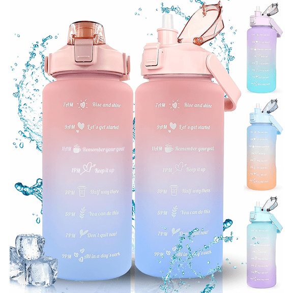 RKINC Water Bottle, 2L Motivational Water Bottle, Sport Drinks Gym Sipper Large Capacity Drinking Bottle with Straw, Marker & Holding Strap, Reusable 67 OZ Leakproof BPA Free Water Jug, (Red-Blue)