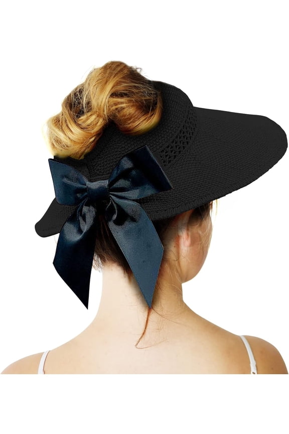 Straw Sun Visor for Women, Wide Brim UPF 50+ Protection Beach Hat, Adjustable, Roll Up Foldable Ponytail Cap with Chin Strap