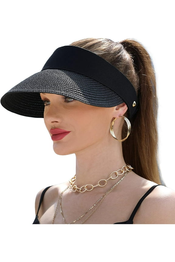 Womens Summer Wide Brim Straw Visor Sun Hat UV Protection Packable Beach Cap