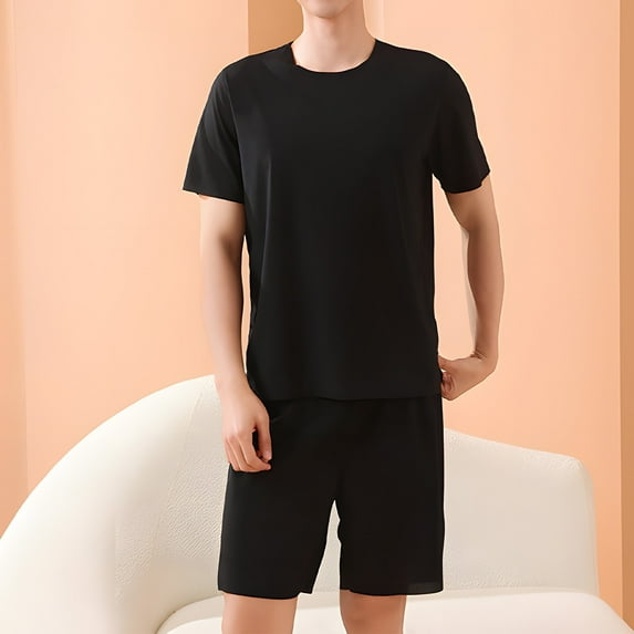 RKSTN Mens Pajamas Set Summer Lounge Solid Color Crew Neck Short Sleeve And Shorts Pjs Sets Comfortable 2 Piece Comfy Loungewear With Pockets