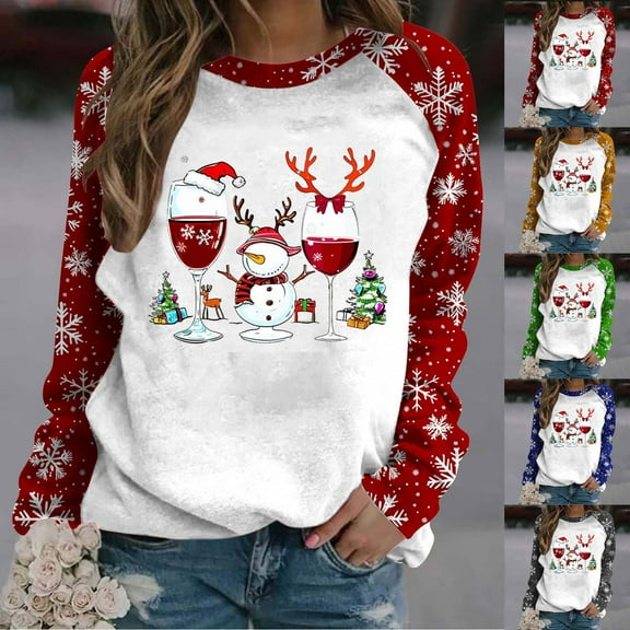 RKSTN Under $10 Women's Christmas Crewneck Sweatshirts Oversize Christmas Graphic Print Pullover Hoodless Sweatshirt Top Womens Round Neck Long Sleeve Xmas T-Shirt Loose Christmas Print Sweatshirts