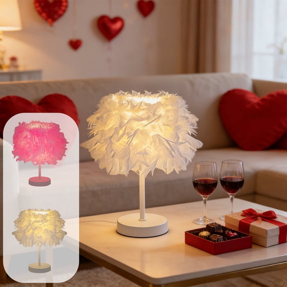 RKSTN 11.2"White Feather Table Lamp Modern Feather Table Lamp Cute Romantic Bedside Desk Nightstand Reading Light for Bedroom Room Wedding Valentines Day Decorations