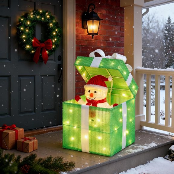 RKSTN 12-Inch Lighted Christmas Reindeer Gift Box Decoration, Green