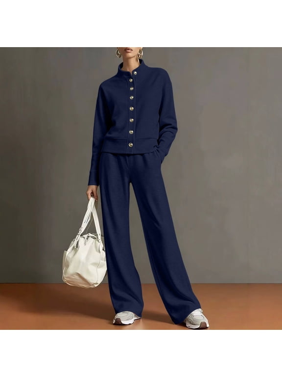 2 Piece Sets for Women Sweatsuits Women Track Suits Button up Mock Neck Fall Cardigan Athleisure Sets Women (Navy ,L)