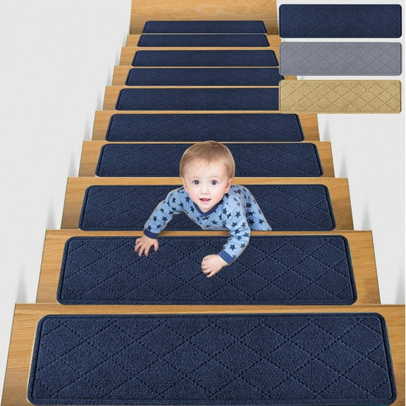 RKSTN 4-Pc Printed Stair Mat, Anti-Skid Diagonal Stripe, Navy Blue