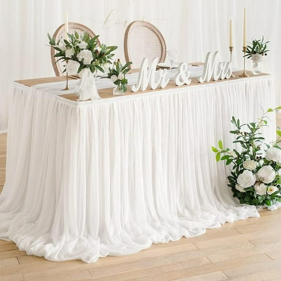 RKSTN 48" White Polyester Table Skirt for Rectangle&Round Tables, Wrinkle Resistant Pleated Ruffle Table Cloth, White Tutu Ruffle Desk Skirt for Cake Dessert Buffet Banquet Dinner Table Decorations