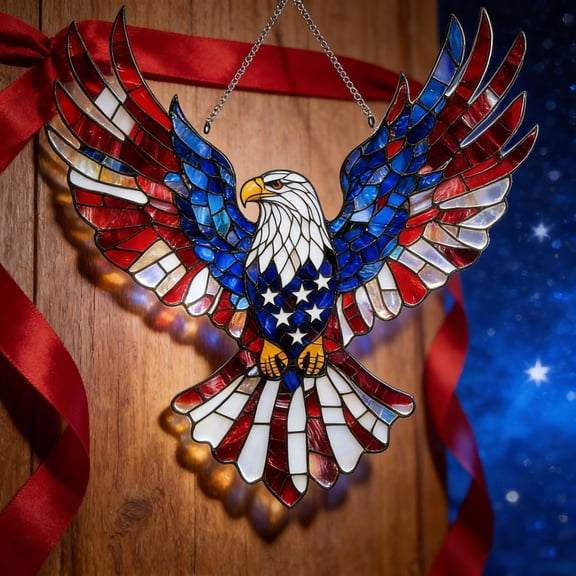 RKSTN 4th of July Decorations, National Flag Stained Glass Sunlight Catcher Colorful Window Hanging Acrylic Sign Hanging Red White and Blue Decorations, 7.87x7.87 in