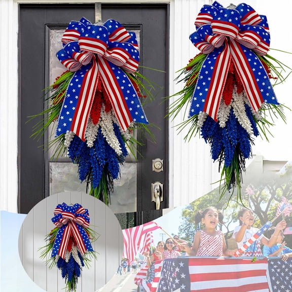 RKSTN American Flag Floral Wreath Patriotic Tulip Silk Memorial Day & 4th of July Wreaths, 15'' Red White and Blue Flower Garland Front Door Décor, Independence Day Party Decor, Holiday Wedding