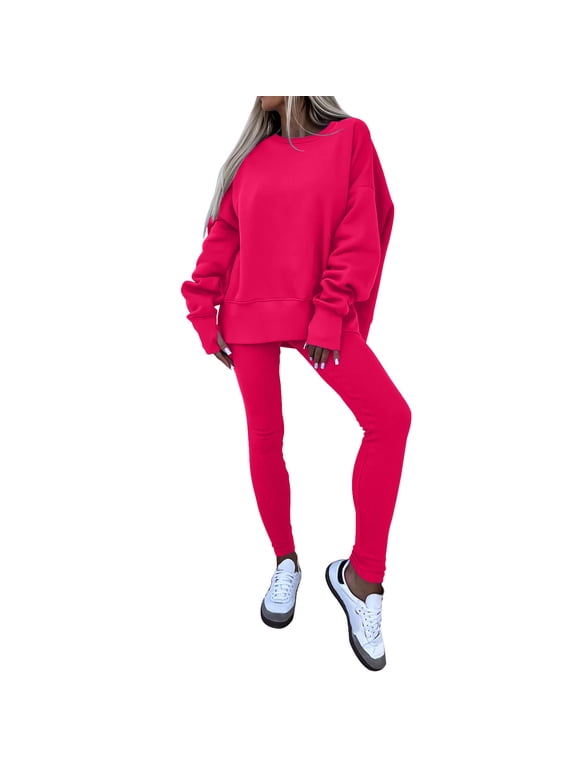 Athleisure Sets Women 2 Piece Travel Outfits Track Suits Sweat Sets Solid Color Crew Neck Sweatshirt Loungewear Sets Fall Outfits (Red ,L)