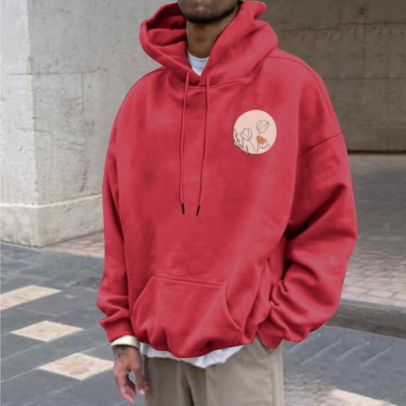 RKSTN Athletic Hoodies for Men Graphic Simple Floral Print Trendy Relaxed Fit Casual Pullover Long Sleeve Shirts for Men with Front Pocket (Red ,L)