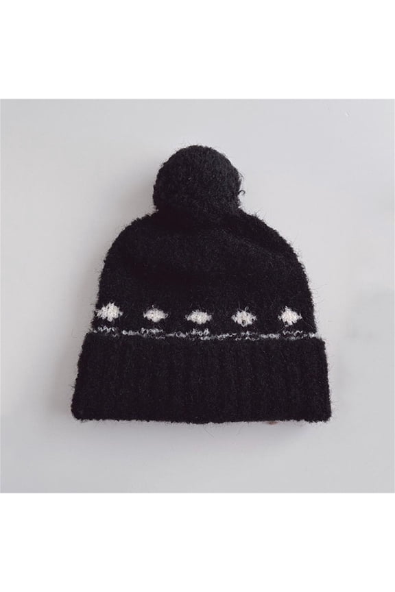 Baby Hat Geometric Print Knit Beanie Daily Keep Warm Pull Over Cute Comfy Newborn Kids Hat (Black ,Free Size)