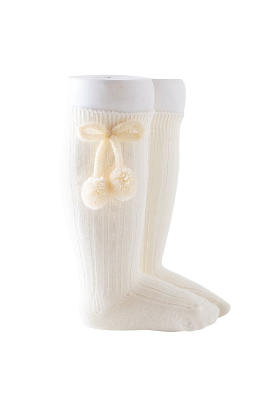 Baby Socks 100% Cotton Girls Socks Ribbed Knit Solid Color Loose Cuff Knee High Socks British Style with Pom Pom Bow (Beige ,S)